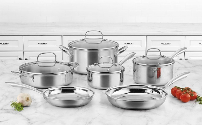 Cuisinart Classic Tri Ply 10 pc Cookware Set on a Table Cuisinart Classic Tri Ply 10 pc Cookware Set on a Table