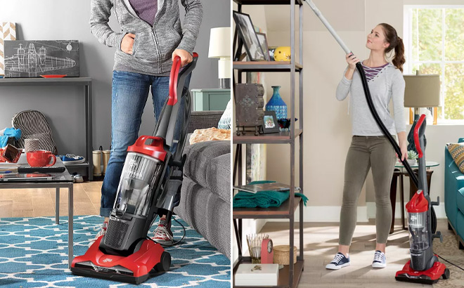 Two Photos of a Person Using the Dirt Devil Bagless Compact Upright Vacuum Cleaner in Their Home