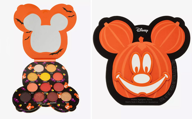 Disney Halloween Mickey Mouse Pumpkin Eyeshadow Highlighter Palette on a Gray Background