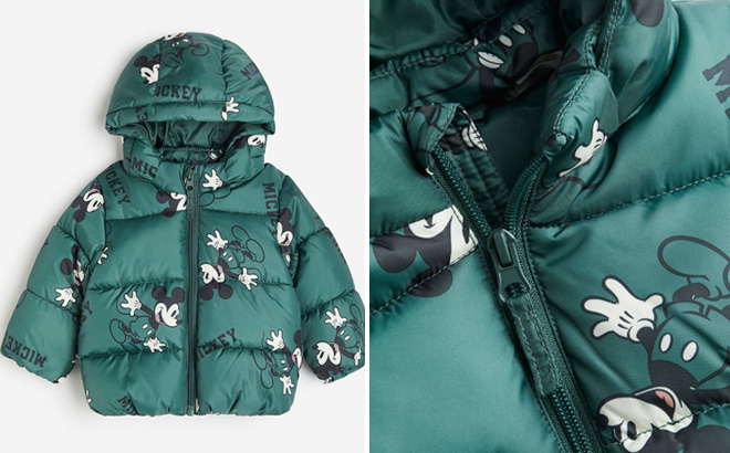 Disney Patterned Puffer Jacket Green