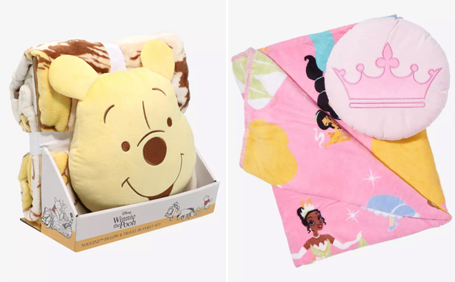 Disney Winnie the Pooh Cushion Throw Blanket Set and Disney Princess Throw Blanket Pillow Set