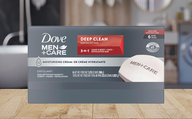 Dove Men Care Deep Clean Body Face Bars on a Bathroom Counter 1