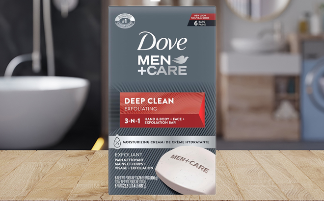 Dove Men Care Deep Clean Body Face Bars on a Bathroom Counter