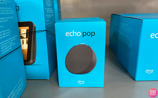 Amazon Echo Pop Smart Speaker on a Shelf at a Store