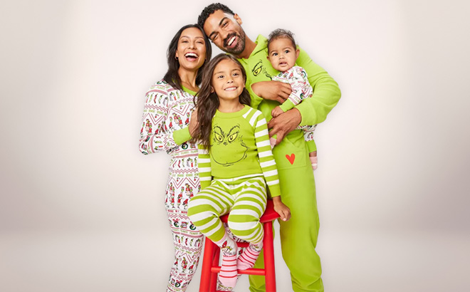 Family are Wearing Dr Seuss Character Long John Pajama Set in Grinch Style