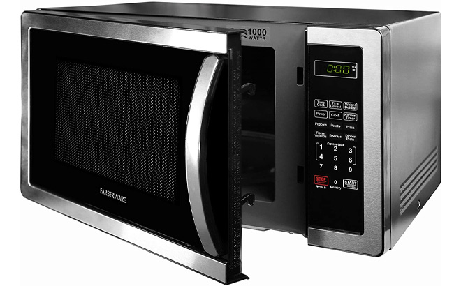 Farberware Classic 1000 Watt Stainless Steel Microwave Oven on a Plain Background