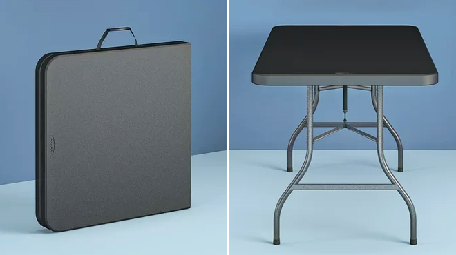 Folded 6 Foot Centerfold Folding Table on the Left and Side View of the Same Item on the Right
