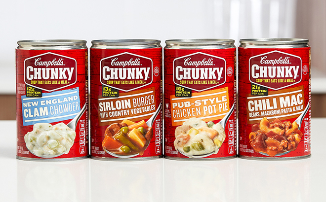 Four Cans of Campbells Chunky Soup in Different Flavors