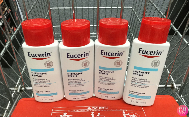 Four Eucerin Intensive Repair Very Dry Skin Lotions on a Cart at CVS