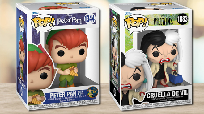Funko POP Disney Peter Pan Peter with Flute on the left and Funko POP Disney Villains Cruella de Vil on the right