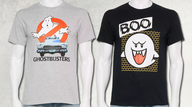 Ghostbusters Ecto One Mens Graphic Tee on the left and Nintendo Super Mario Boo Mens Graphic Tee on the right