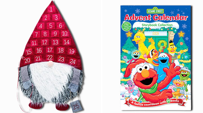 A Photo of the Gnome Christmas Countdown Calendar on the Left and the Sesame Street Advent Calendar on the Right