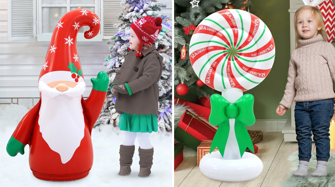 Gnome and Peppermint Candy Christmas Inflatables Next to Little Girls