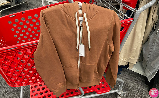 Goodfellow Co Mens High Pile Fleece Lined Hooded Zip Up Sweatshirt in Brown Color