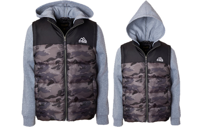 Gray Camo Ripstop Layered Puffer Vest for Boys