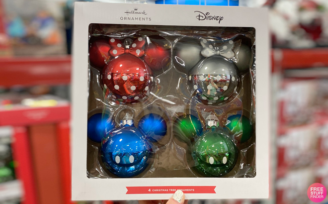 Hallmark Set of 4 Christmas Glass Ornaments Disney Mickey and Minnie
