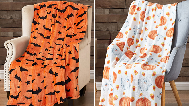 Halloween Bats With Stars Flannel Throw on the Left and Halloween Ghost Flannel Throw on the Right