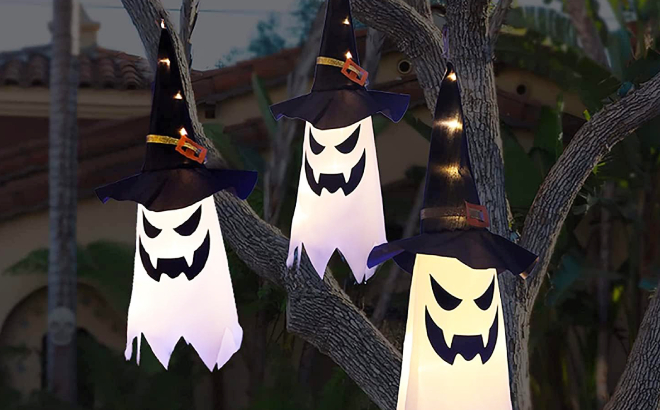 Halloween Hanging Lighted Glowing Ghost Witch Hat Decor Halloween Hanging Lighted Glowing Ghost Witch Hat Decor