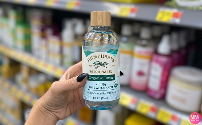 Hand Holding Humphreys Nourish Witch Hazel with Aloe Alcohol Free Toner at Walmart