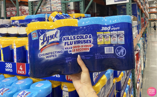 Hand Holding Lysol Disinfecting Wipes 4 Pack