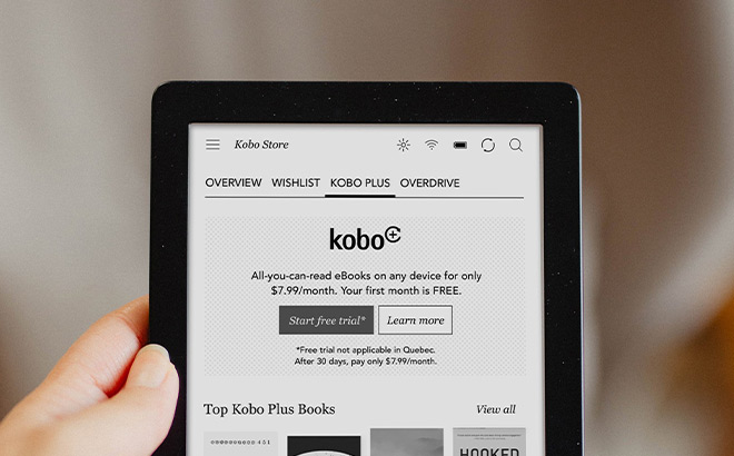 Hand Holding Tablet with an eBook on the Background Hand Holding Tablet with an eBook on the Background