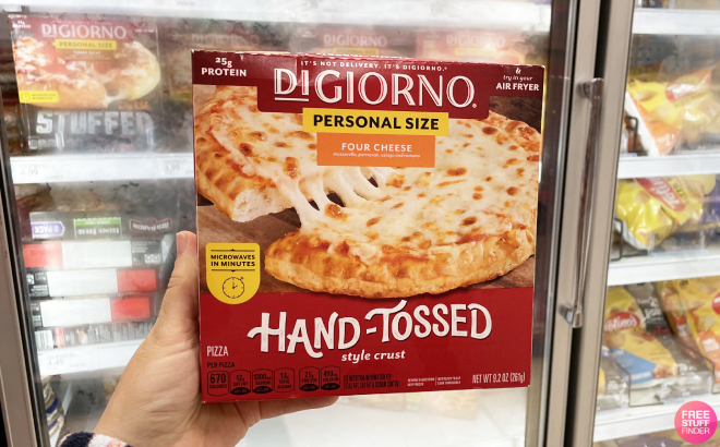 Hand Holding a DiGiornio Fiur Cheese Frozen Pizza