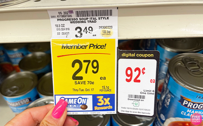 Hand Holding a Price Tag for Progresso Soups at Vons