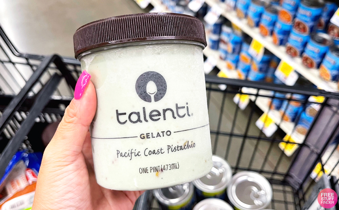 Hand Holding a Talenti Gelato Ice Cream Above a Cart