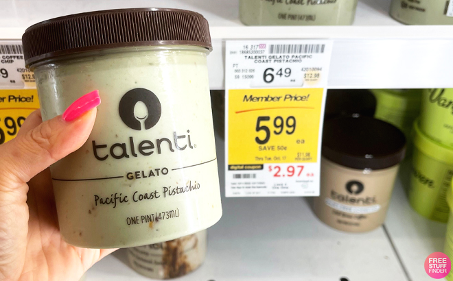 Hand Holding a Talenti Gelato Ice Cream Next To Its Tag