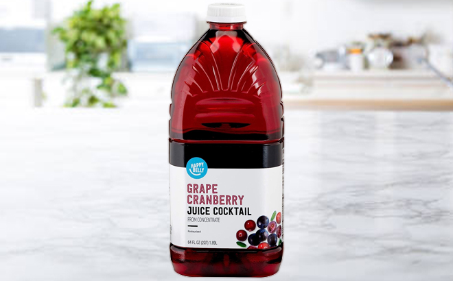 Happy Belly Grape Cranberry 64 Ounce Juice Cocktail on a Kitchen Countertop