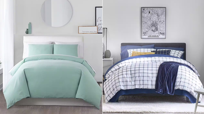 Home Expressions 3 Pc Twin Solid Duvet Cover Set on the left and Home Expressions 3 Pc Geometric Duvet Cover Set on the right