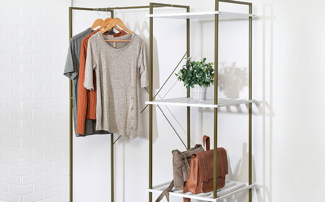 Honey Can Do Olive and White Metal Open Wardrobe