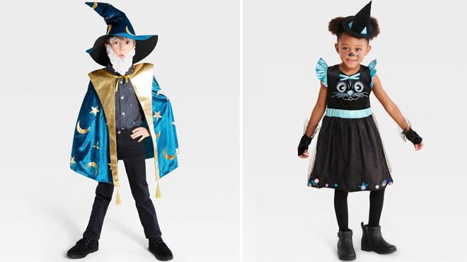 Hyde EEK Kids Wizard Halloween Costume on the Left and Cat Witch Halloween Costume Dress on the Right