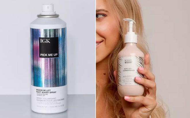 IGK Pick Me Up Maximum Lift Root Boost Spray and Bondi Boost Rapid Repair Conditioner for Damaged Hair