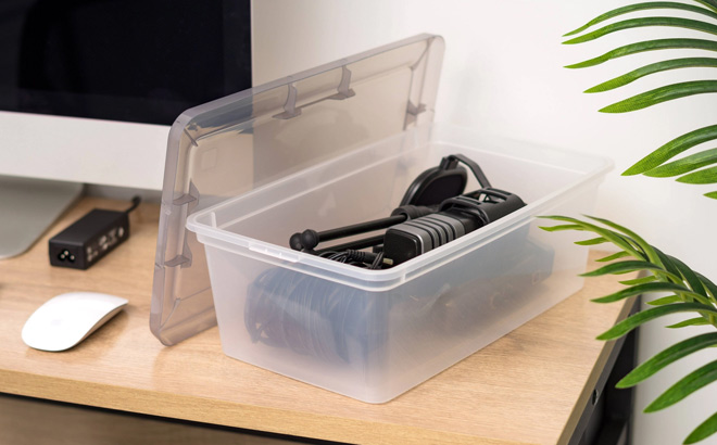 IRIS Snap Top Plastic Storage Bin on the Table