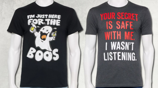 Im Just Here For The Boos Ghost Mens Graphic Tee on the left and Your Secret is Safe Mens Graphic Tee on the right