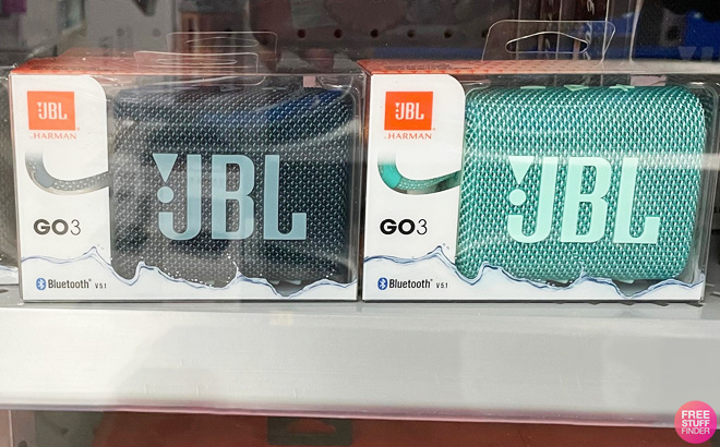 JBL GO 3 Portable Speakers on a Shelf