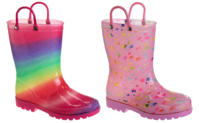 Josmo Girls Red Purple Rainbow and Pink Yellow Star Glitter Rain Boots