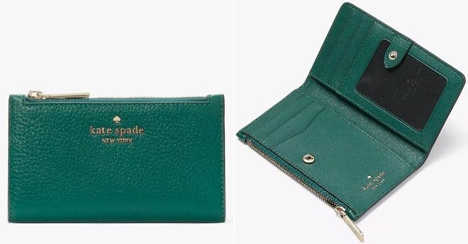 Kate Spade Leila Small Slim Bifold Wallet in Deep Jade Color on a Light Gray Background