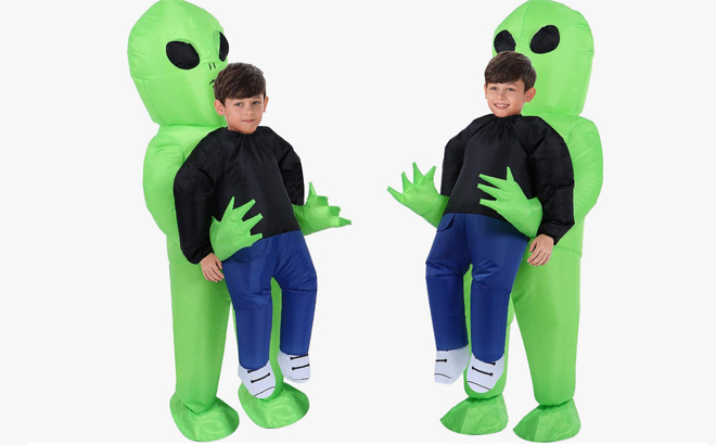 Kid is Wearing Toloco Alien Holding Person Costume