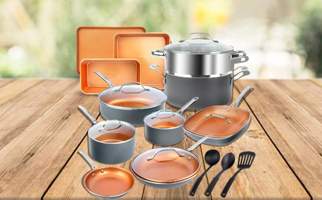Kitchen Cookware and Bakeware Set on Wooden Countertop