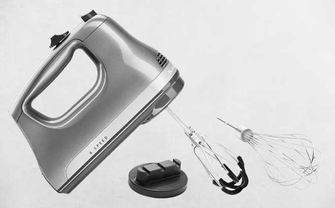 KitchenAid 6 Speed Hand Mixer with Flex Edge Beaters on a Gray Background