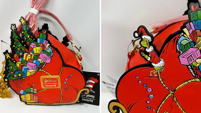 Loungefly Dr Seuss Grinch Sleigh Crossbody Bag on the Left and Closer Look at the Grinch of the Same Item on the Right