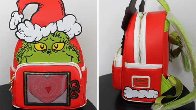 Loungefly Dr Seuss Grinch Heart Mini Backpack on the Left and Side View of the Same Item on the Right