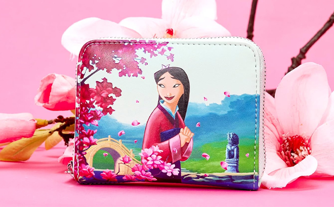 Loungefly Mulan 25th Anniversary Wallet in front of a Flower