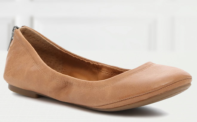 Lucky Brand Eikia Ballet Flat in Cognac Color on the Table Lucky Brand Eikia Ballet Flat in Cognac Color on the Table