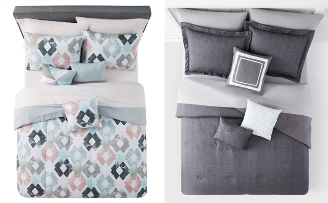 Mainstays Pink and Teal Diamond 10 Piece Bed in a Bag with Sheets and 3 DecPillows and Mainstays Grey 10 Piece Bed in a Bag Comforter Set With Sheets Queen