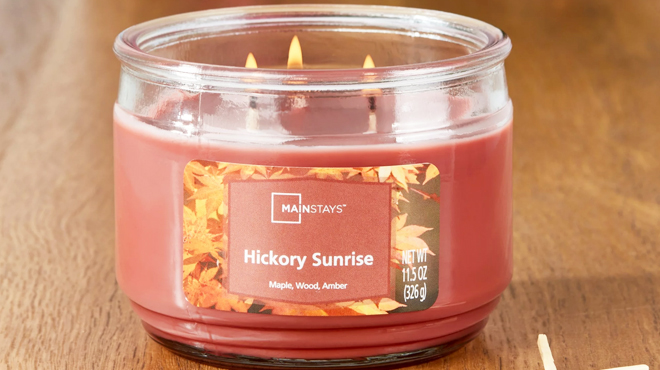 Mainstays Scented 3 Wick Glass Jar Candle in Hickory Sunrise scent Mainstays Scented 3 Wick Glass Jar Candle in Hickory Sunrise scent