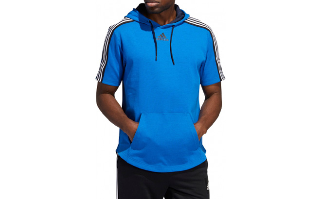 Man is Wearing Adidas Mens M Pg Ss Hood in Glory Mel Blue Color