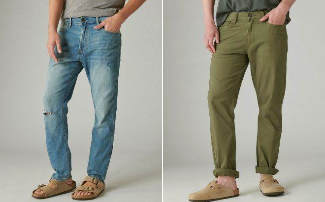Man is Wearing Lucky Brand Athletic Taper Jeans in Medium Blue Color on the Left Side and Lucky Brand Athletic Slim Jeans in Medium Dark Green Color on the Right Side